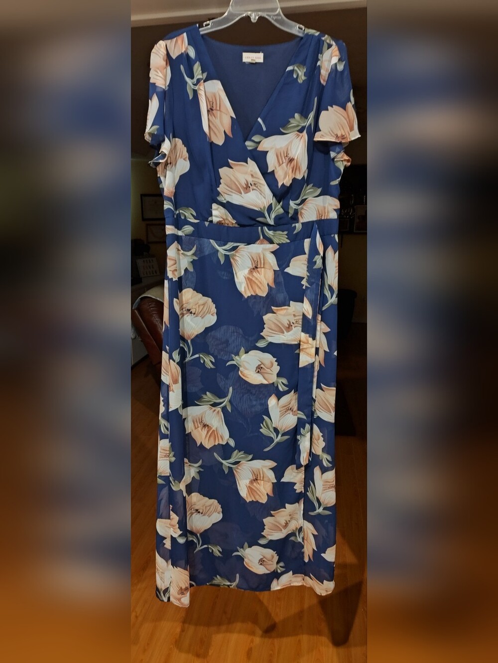 URBAN GIRL Blue Floral Wrap Maxi Dress with Peach Blooms
